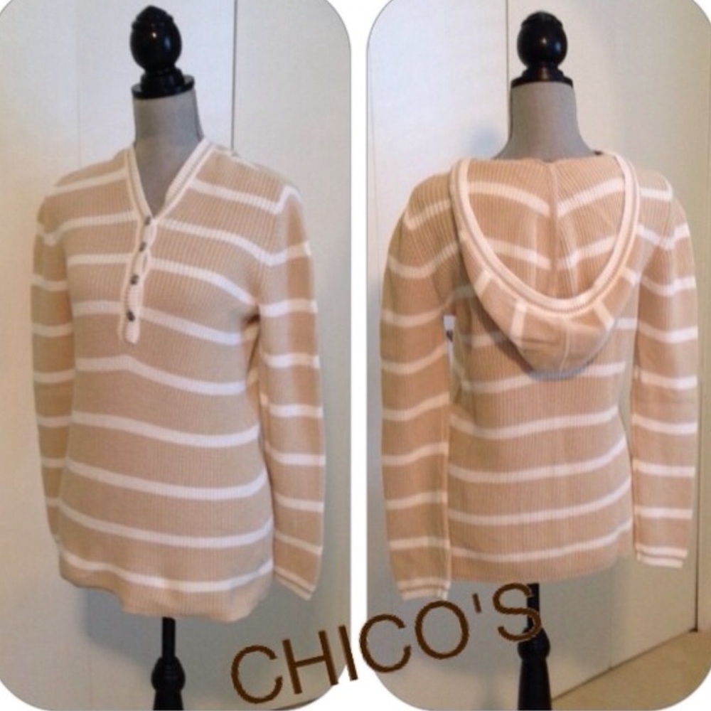 CHICO’S beige/white striped hooded sweater.
